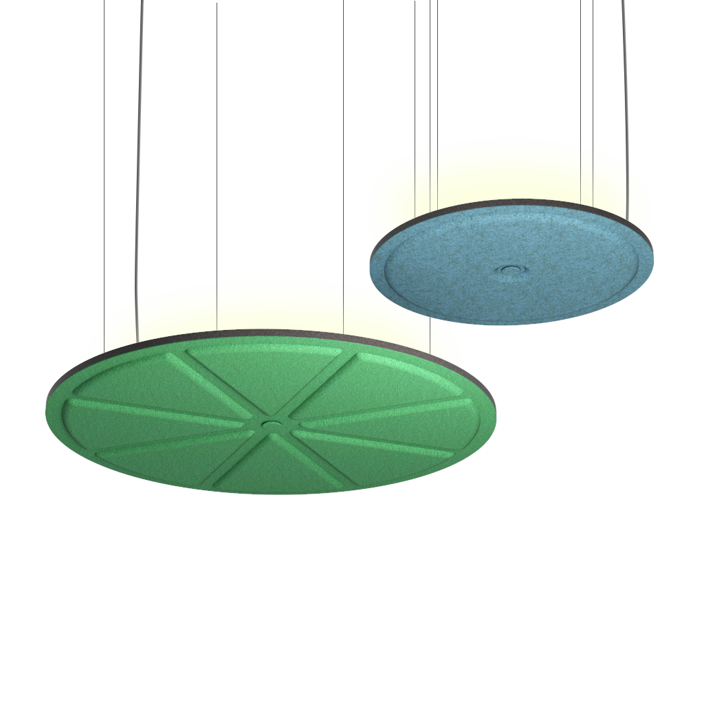 Modern Waffle Lighting fixtures by Luxx Box, featuring large circular panels in green and blue, suspended by thin wires, providing soft ambient lighting.