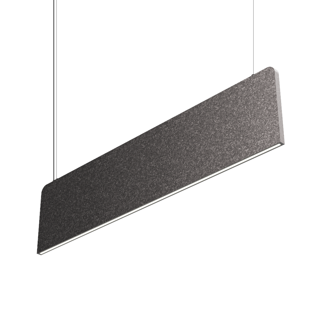 Luxx Box Blade Lighting fixture in charcoal, featuring a sleek, elongated design with sharp, clean lines, suspended by thin wires.