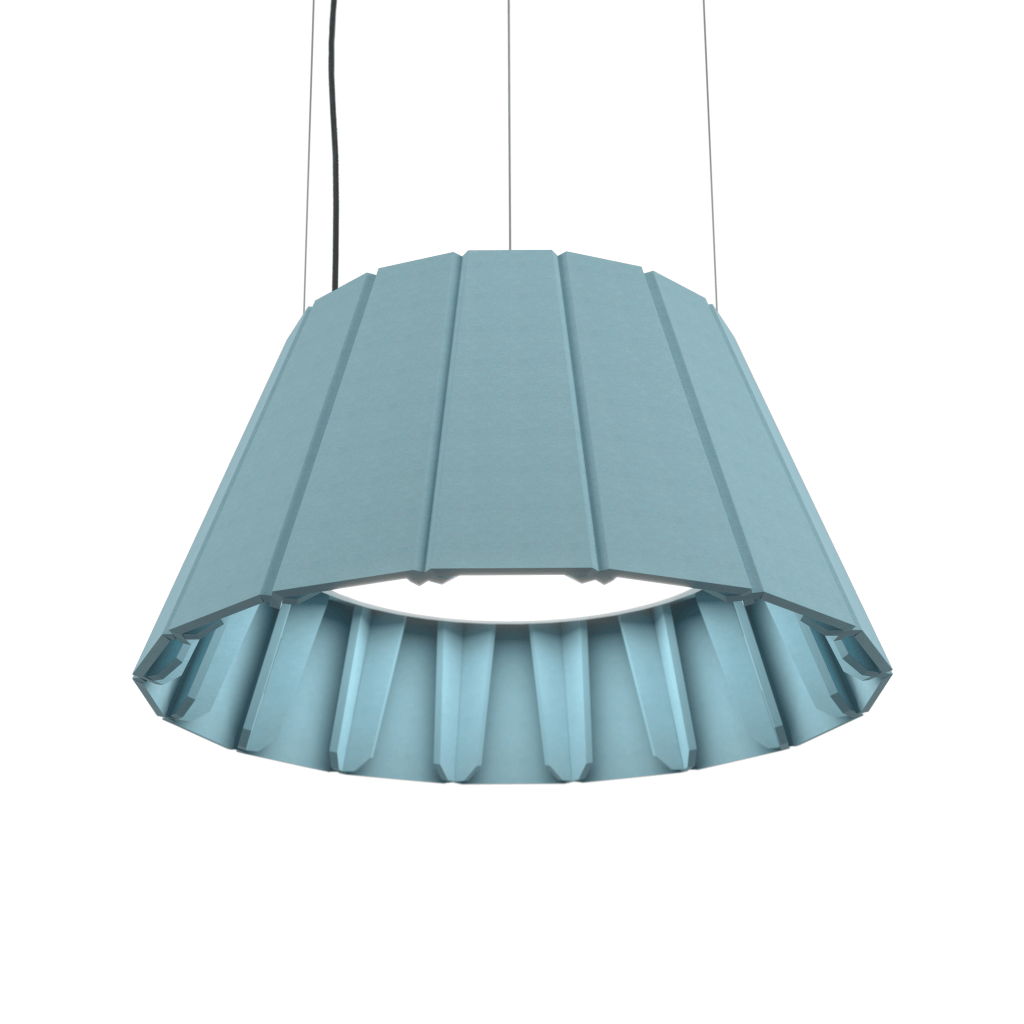 Luxx Box Light Blue Ceiling Light with a modern, angular design and soft white illumination, suspended by thin wires.