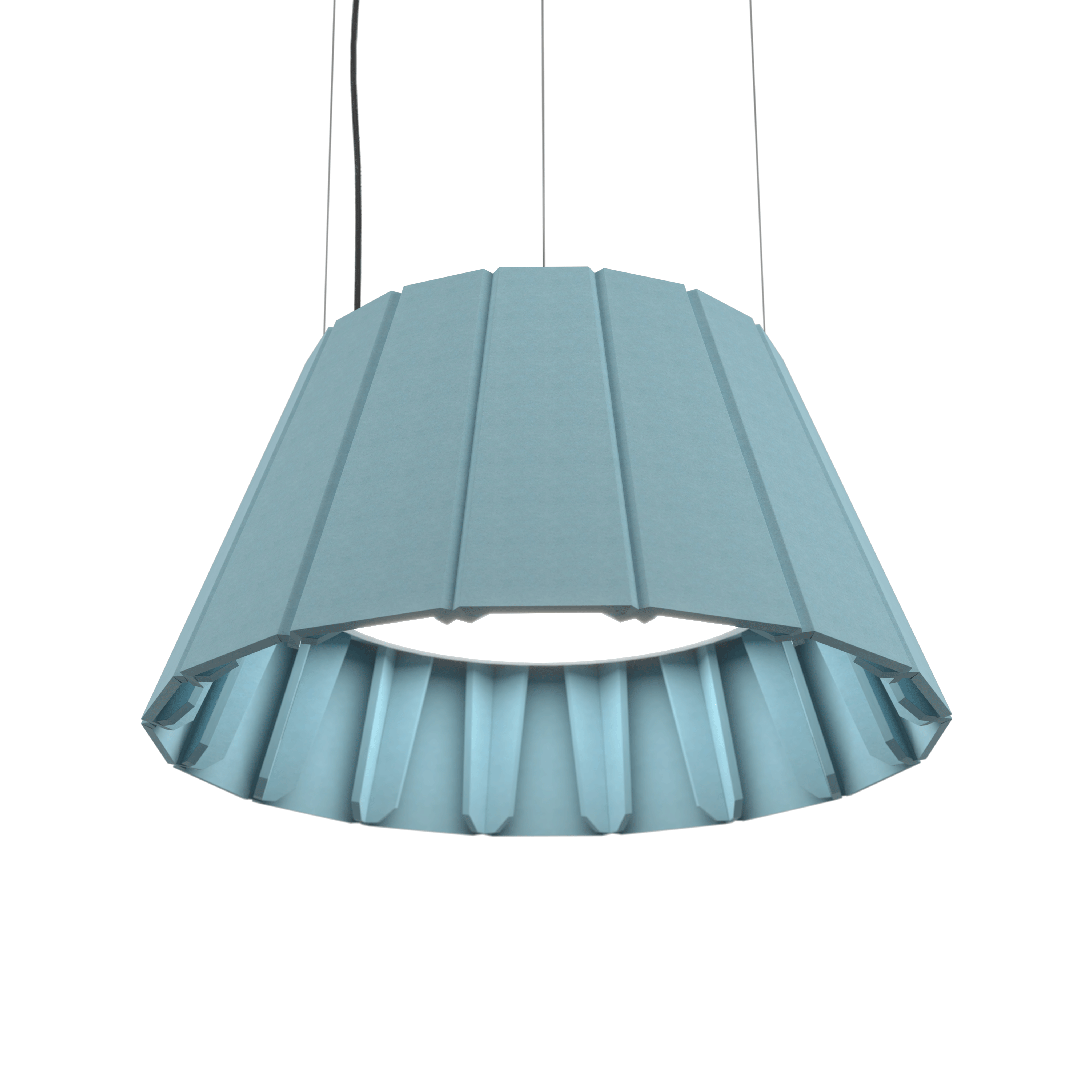Luxx Box Light Blue Ceiling Light with a modern, angular design and soft white illumination, suspended by thin wires.