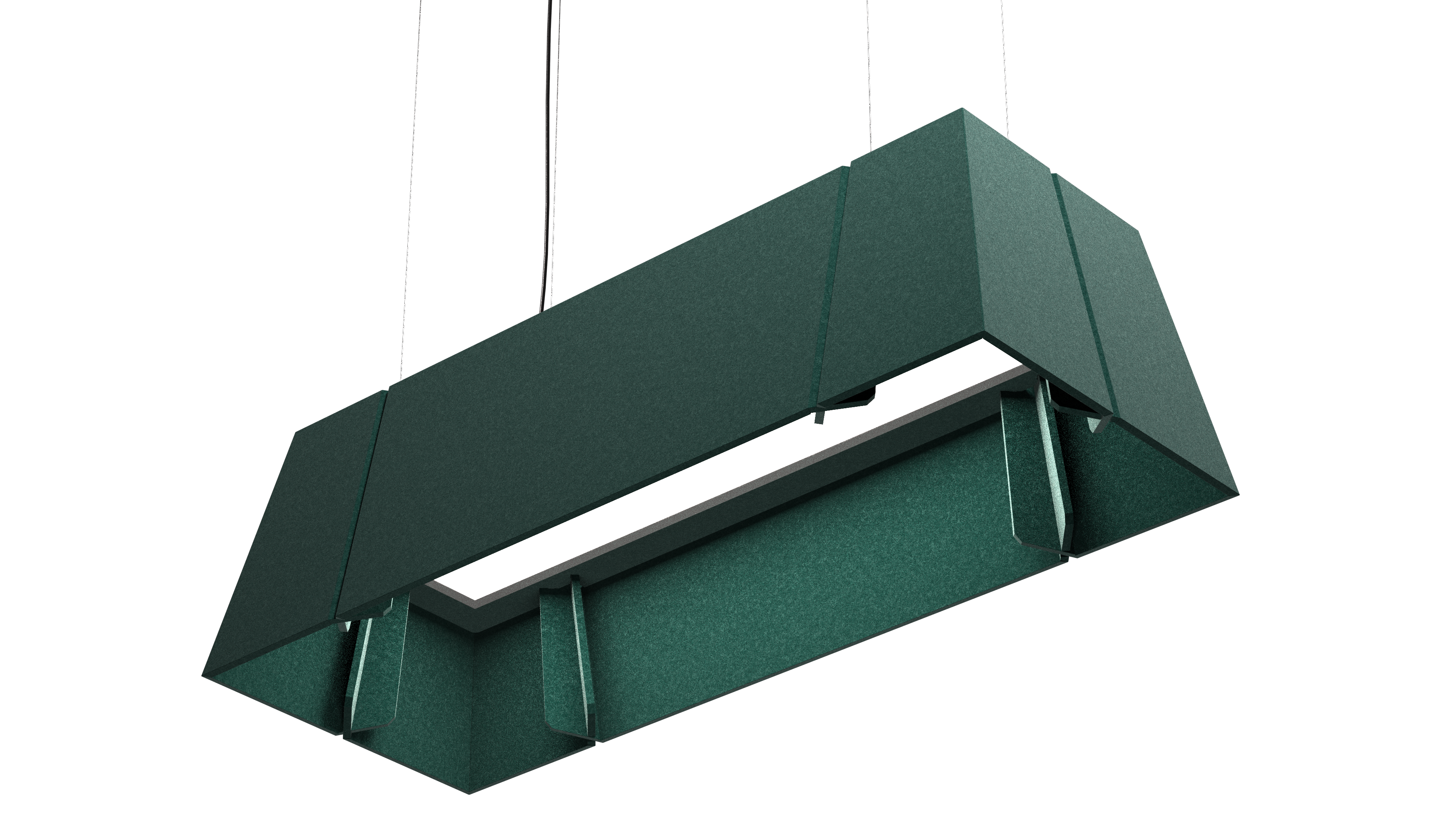 Luxx Box Dark Green Ceiling Light with a rectangular, industrial-inspired design, providing focused illumination, suspended by thin wires.