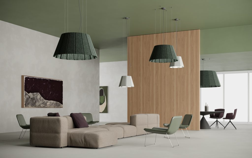 A cluster of Luxxbox Vapor Echo Acoustic Pendant Lighting in large open plan workspace