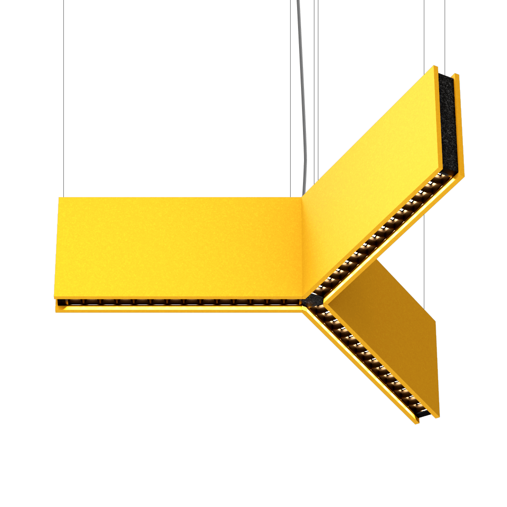 Luxx Box Yellow Ceiling Light featuring a bold, angular design with intersecting panels, providing dynamic illumination, suspended by thin wires.